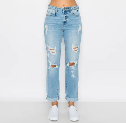 Judy Blue Distressed Boyfriend Jeans - Light Wash